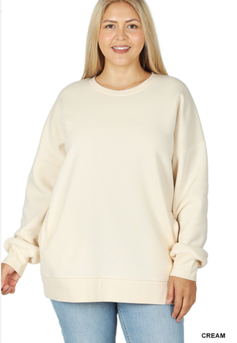 ZENANA PLUS LONG SLEEVE ROUND NECK SWEATSHIRT W SIDE POCKETS