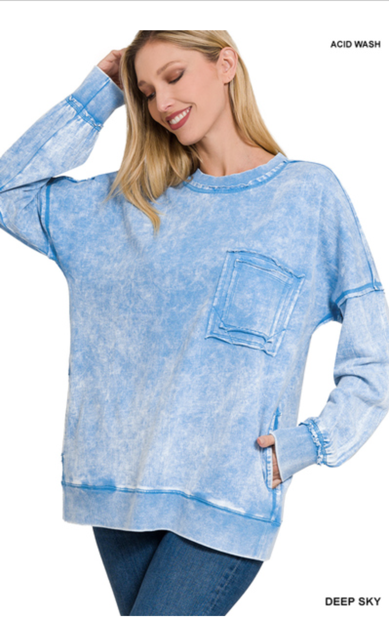 Zenana- Acid Wash French Terry Exposed Seam Sweater – Simply Dixie Boutique