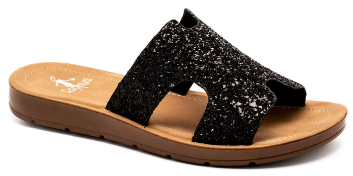 CORKYS BOGALUSA BLACK GLITTER SANDALS