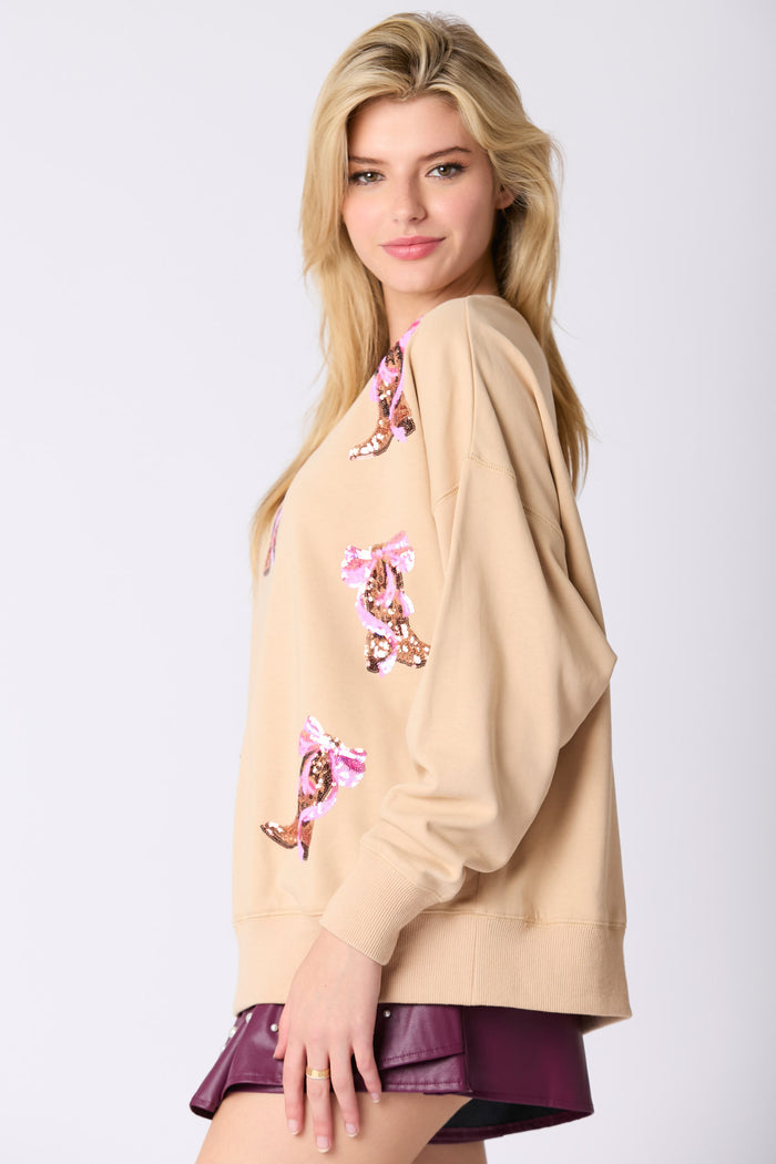 PEACH LOVE BOOTS AND BOWS SWEATSHIRT