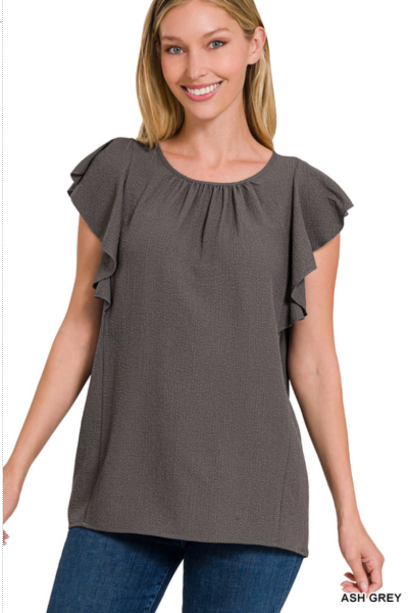 ZENANA WOVEN  FLUTTER SLEEVE TOP - ASH GREY