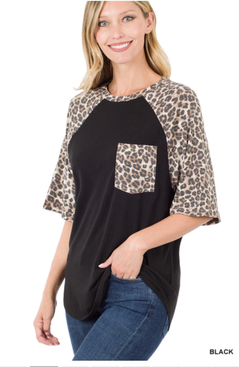 ZENANA LEOPARD RAGLAN SLEEVE PATCH POCKET TOP