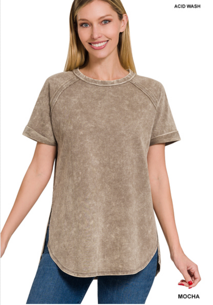 ZENANA F/TERRY ACID WASH SHORT CUFF SLEEVE PULLOVER - MOCHA