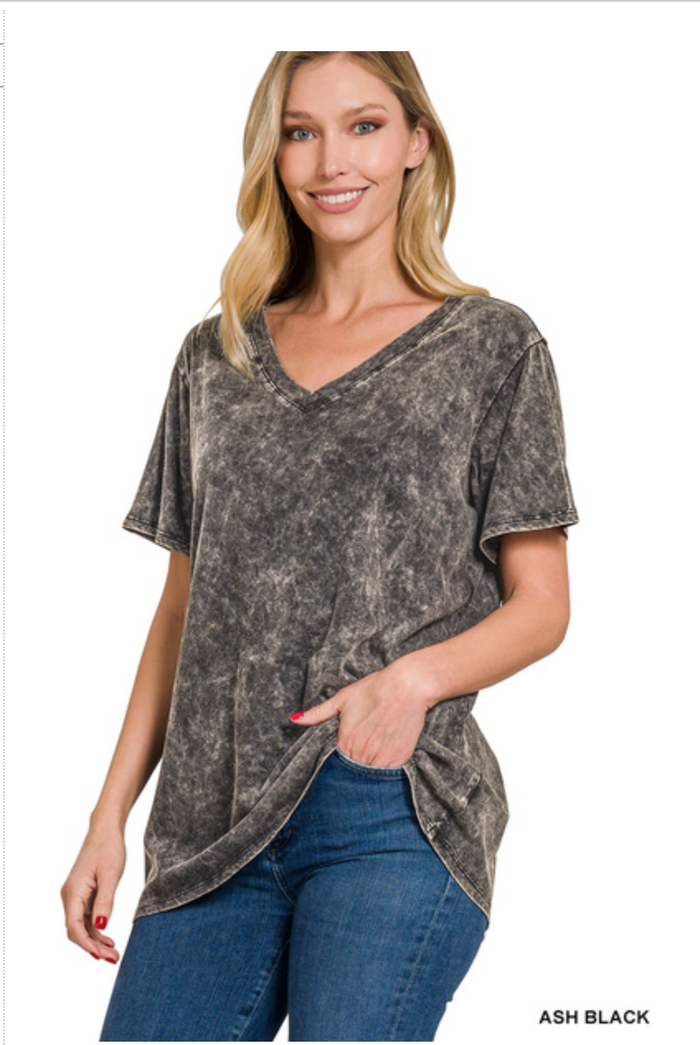 ZENANA WASHED SHORT SLEEVE V-NECK TOP - ASH BLACK