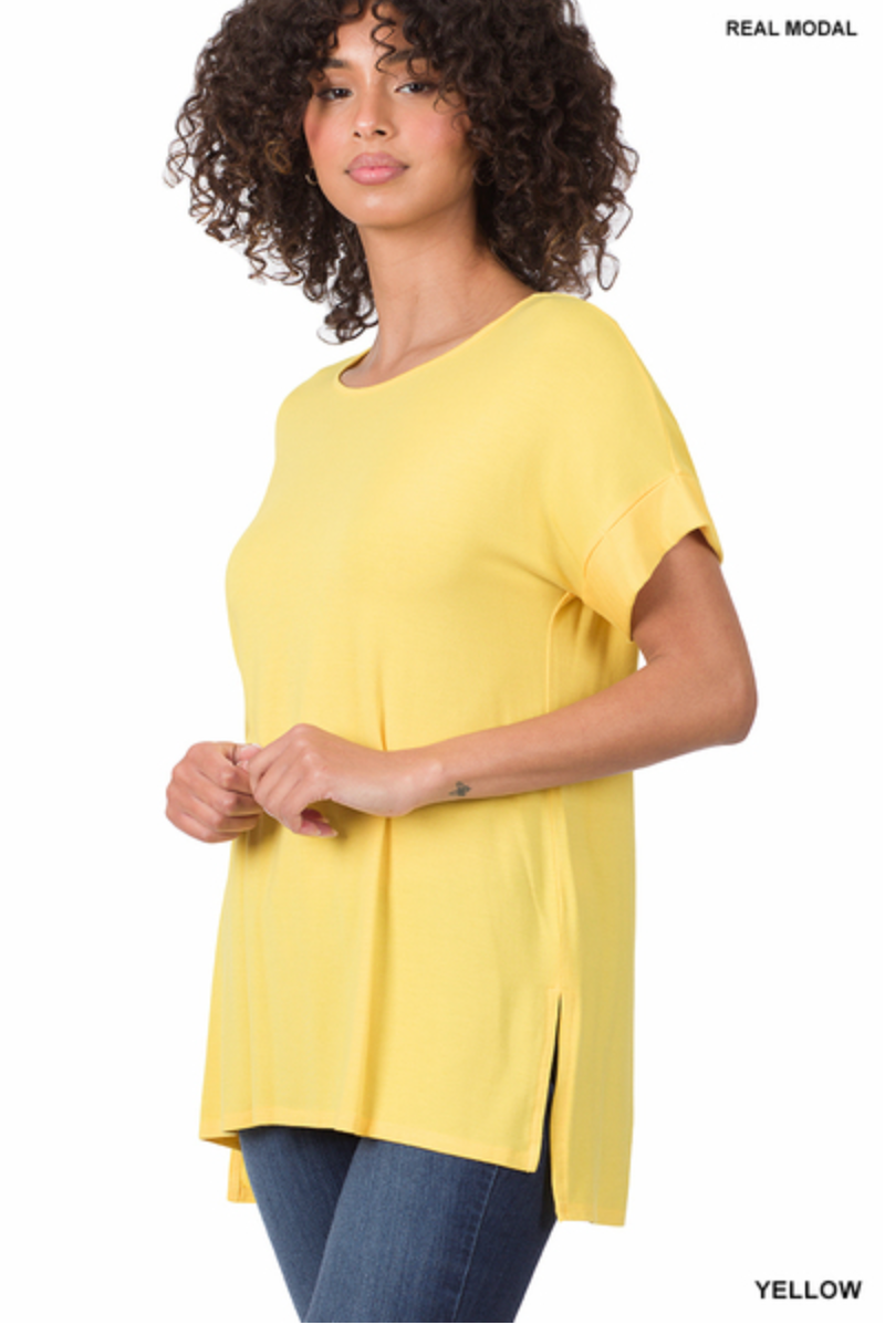 ZENANA REAL MODAL SHORT SLEEVE BOAT NECK TOP - YELLOW