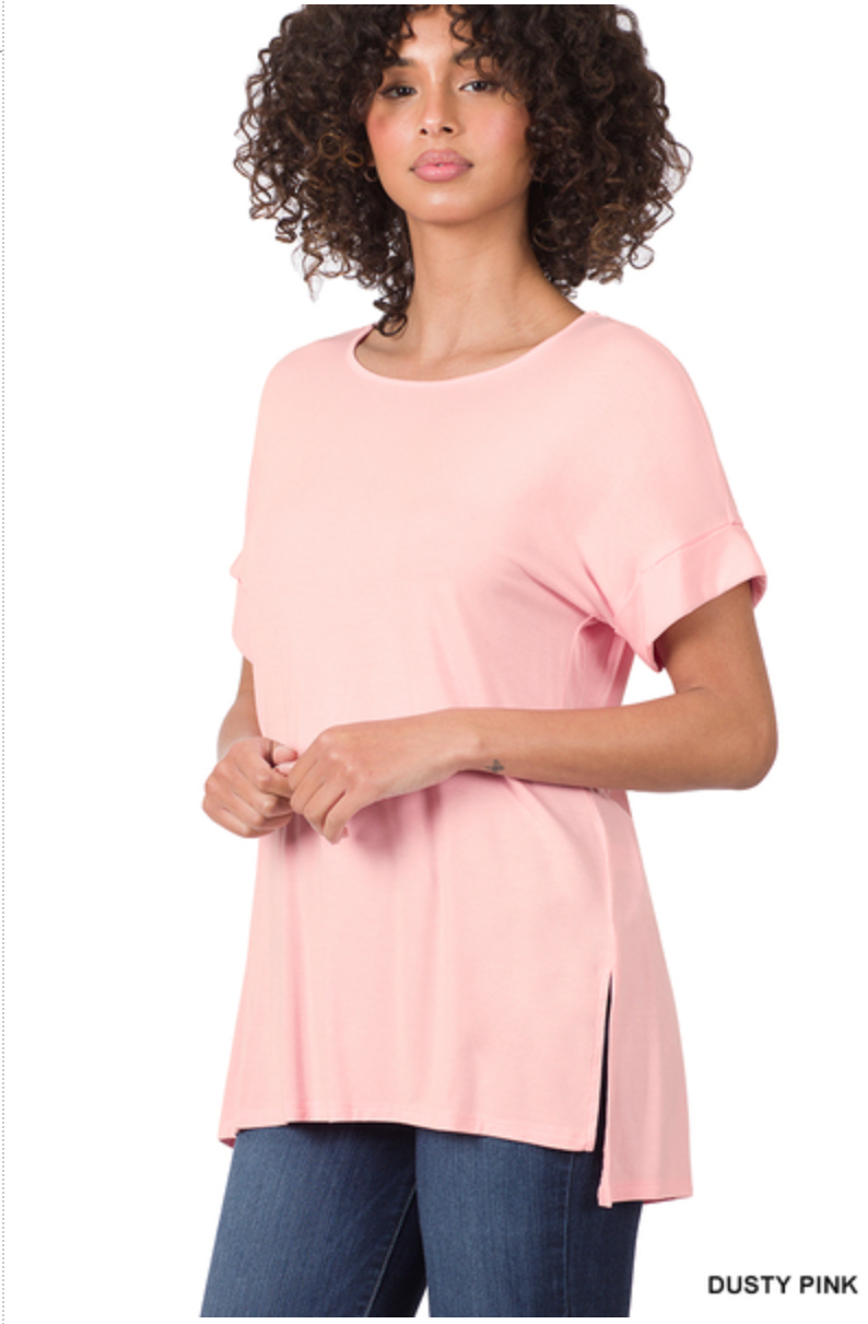 ZENANA REAL MODAL SHORT SLEEVE BOAT NECK TOP - LT PINK