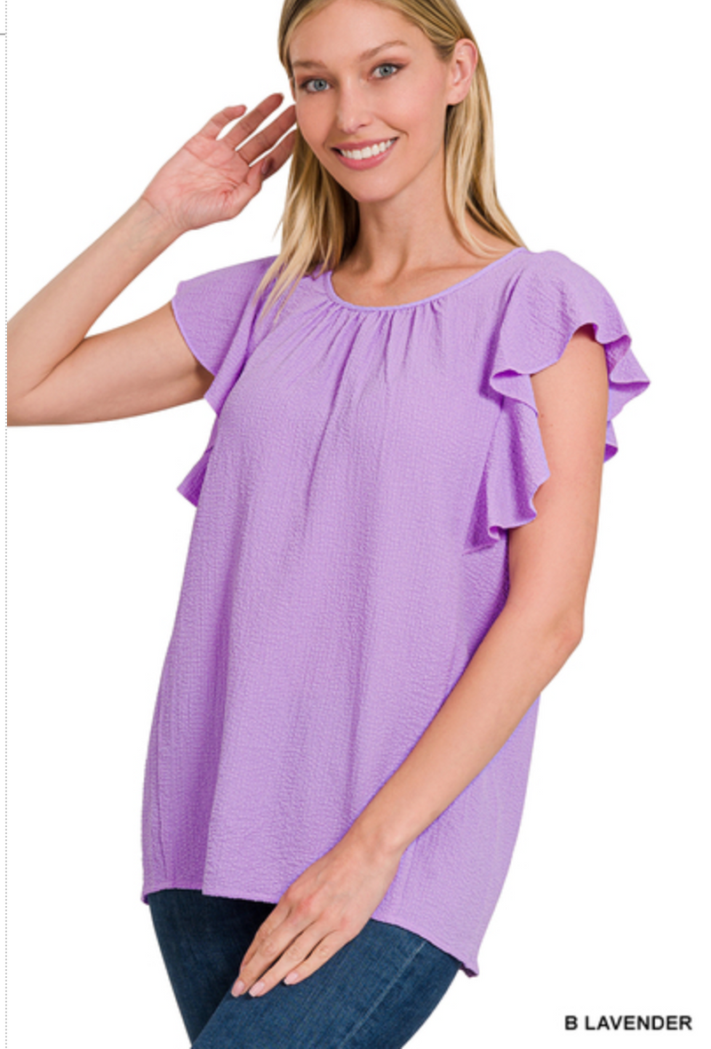 ZENANA WOVEN  FLUTTER SLEEVE TOP - B-LAVENDER