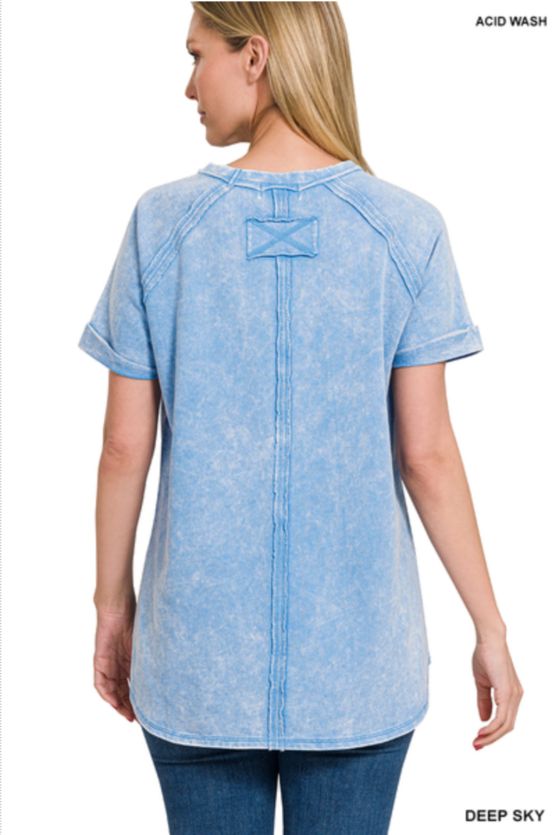 ZENANA F/TERRY ACID WASH SHORT CUFF SLEEVE PULLOVER - SKY BLUE