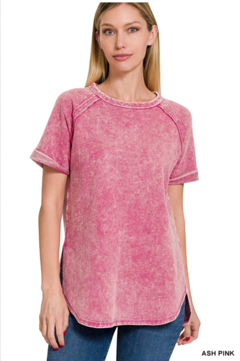 ZENANA F/TERRY ACID WASH SHORT CUFF SLEEVE PULLOVER - ASH PINK