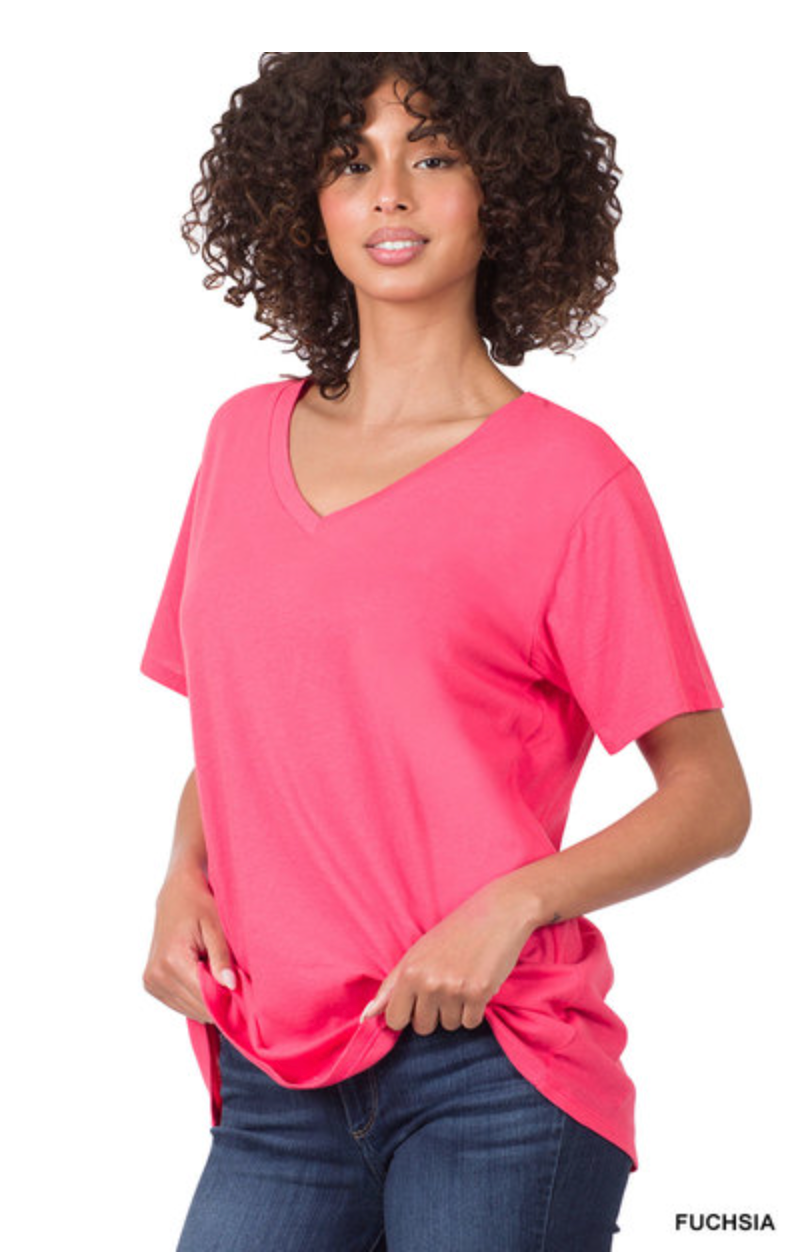 ZENANA COTTON SHORT SLEEVE V NECK TEE - FUSCIA