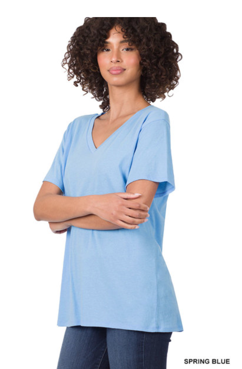 ZENANA COTTON SHORT SLEEVE V NECK TEE - SPRING BLUE