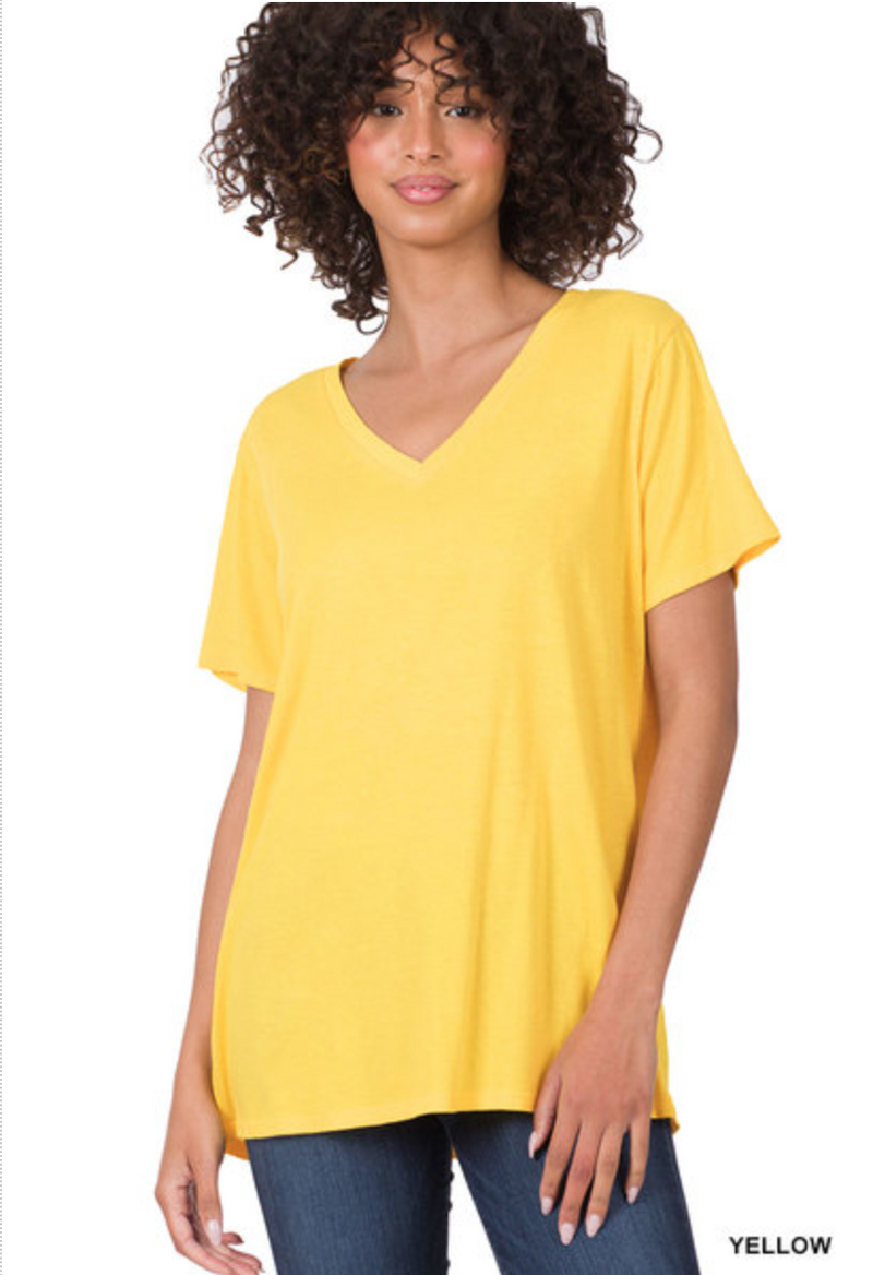 ZENANA COTTON SHORT SLEEVE V NECK TEE - YELLOW