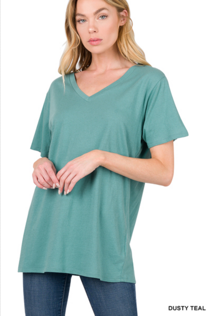 ZENANA COTTON SHORT SLEEVE V NECK TEE - DUSTY TEAL