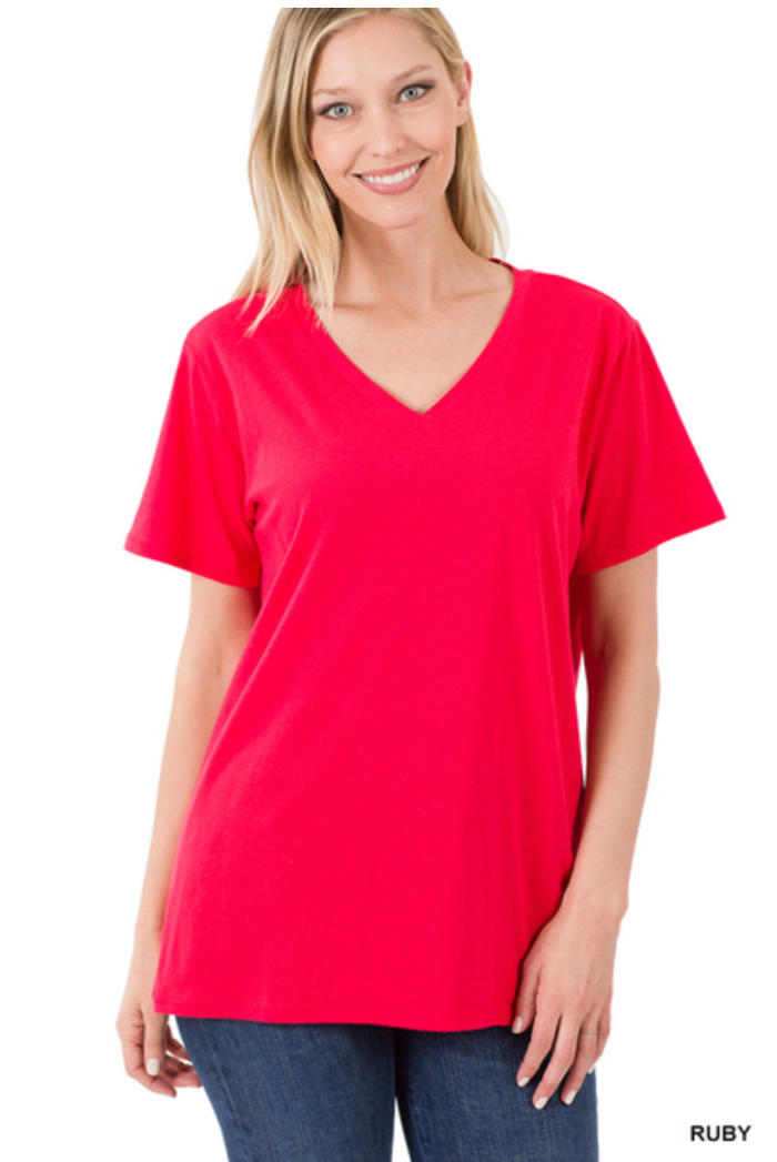 ZENANA COTTON SHORT SLEEVE V NECK TEE - RED