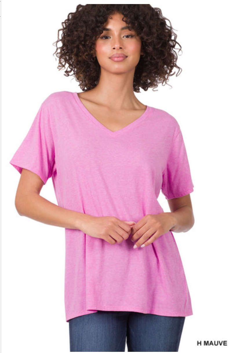 ZENANA COTTON SHORT SLEEVE V NECK TEE - HEATHER MAUVE