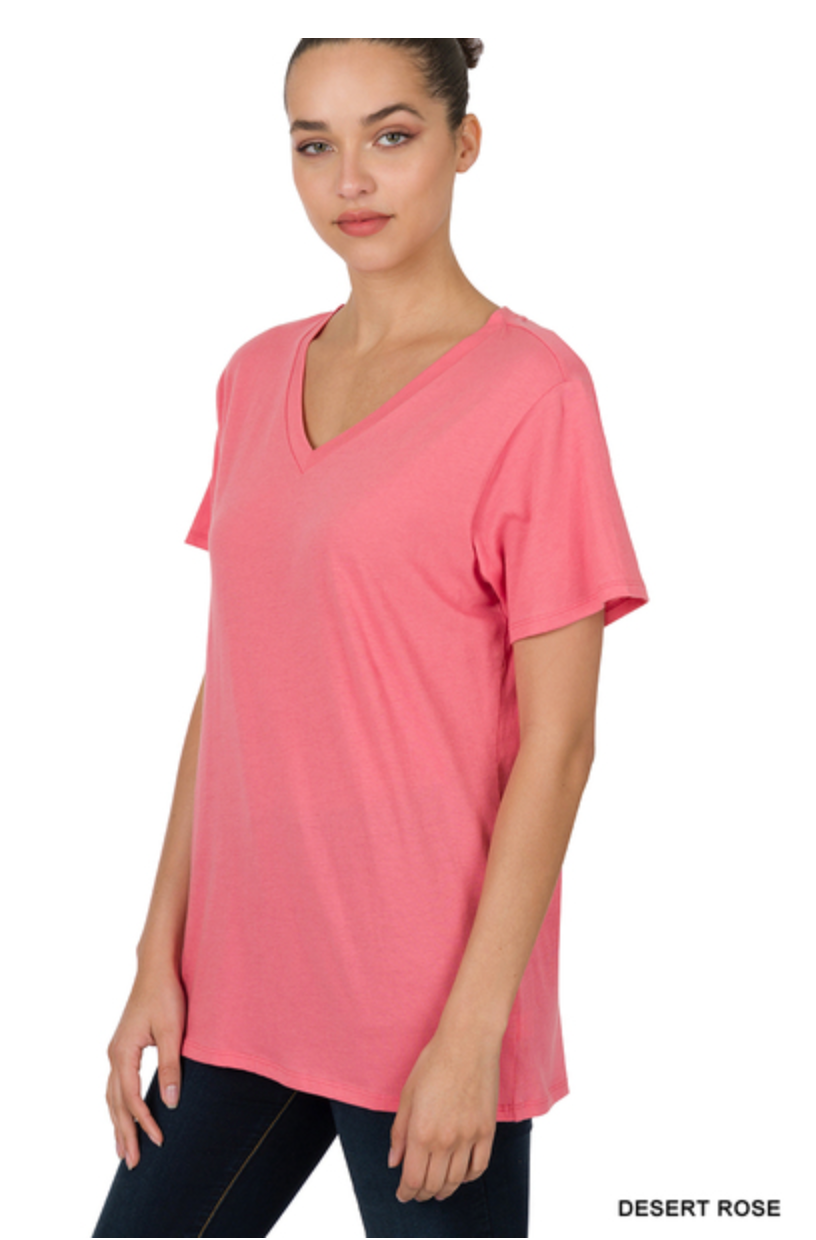 ZENANA COTTON SHORT SLEEVE V NECK TEE - DESERT ROSE