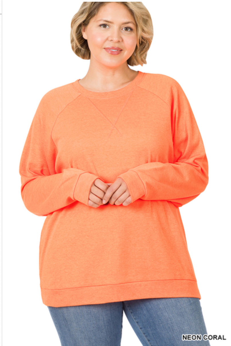 ZENANA  - PLUS SIZE RAGLAND SLEEVE PULLOVER - NEON CORAL