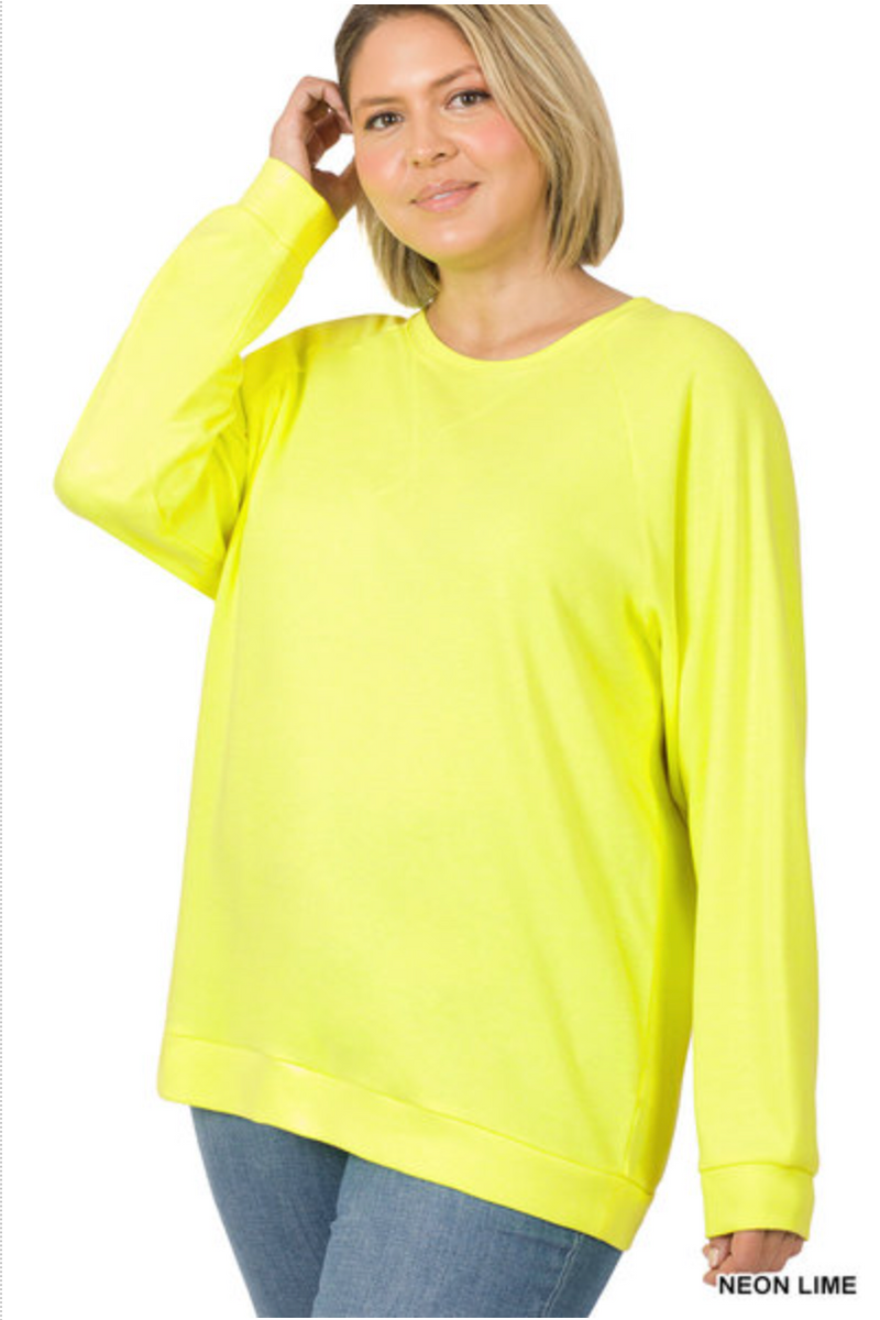 ZENANA  - PLUS SIZE RAGLAND SLEEVE PULLOVER - NEON LIME