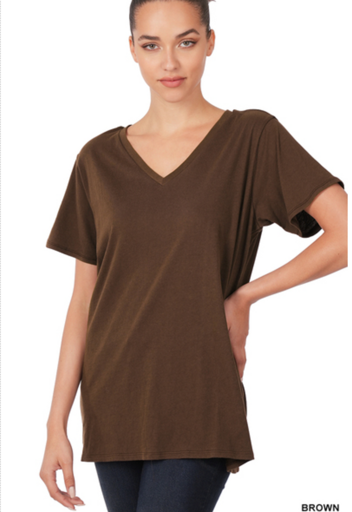 ZENANA COTTON SHORT SLEEVE V NECK TEE - BROWN