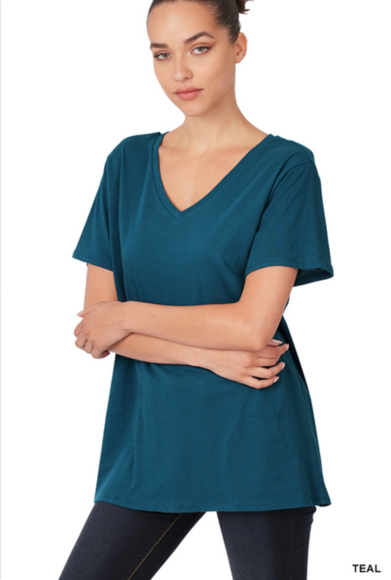 ZENANA COTTON SHORT SLEEVE V NECK TEE - TEAL
