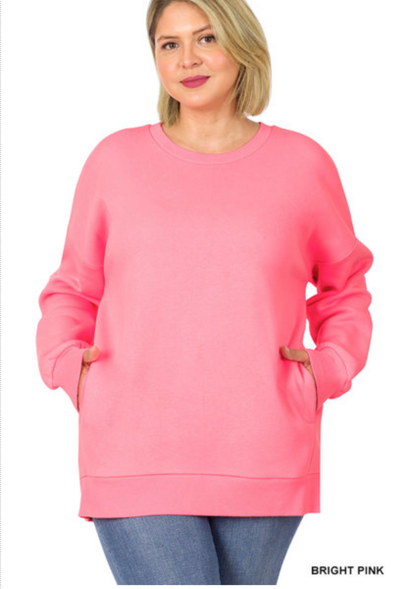 ZENANA  - PLUS LONG SLEEVE ROUND NECK SWEATSHIRT W/SIDE POCKETS