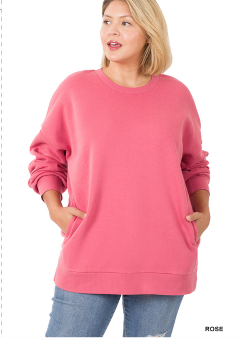 ZENANA  - PLUS LONG SLEEVE ROUND NECK SWEATSHIRT W/SIDE POCKETS