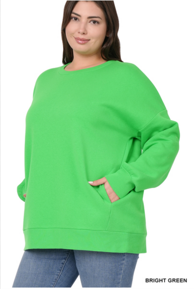 ZENANA  - PLUS LONG SLEEVE ROUND NECK SWEATSHIRT W/SIDE POCKETS