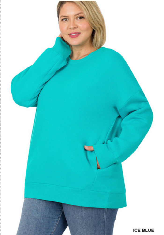 ZENANA  - PLUS LONG SLEEVE ROUND NECK SWEATSHIRT W/SIDE POCKETS