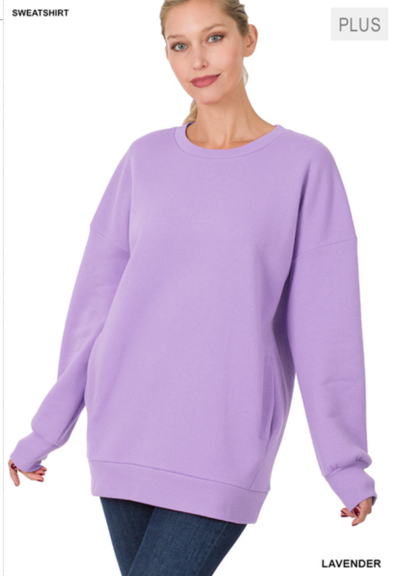 ZENANA  - PLUS LONG SLEEVE ROUND NECK SWEATSHIRT W/SIDE POCKETS