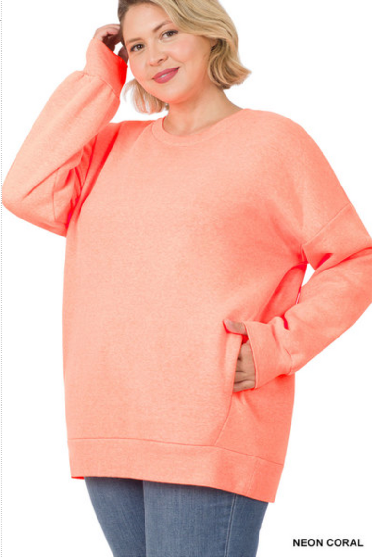 ZENANA  - PLUS LONG SLEEVE ROUND NECK SWEATSHIRT W/SIDE POCKETS