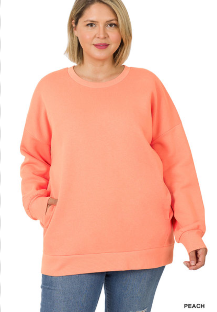 ZENANA  - PLUS LONG SLEEVE ROUND NECK SWEATSHIRT W/SIDE POCKETS