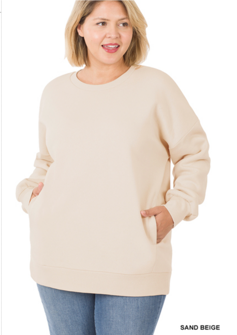 ZENANA  - PLUS LONG SLEEVE ROUND NECK SWEATSHIRT W/SIDE POCKETS