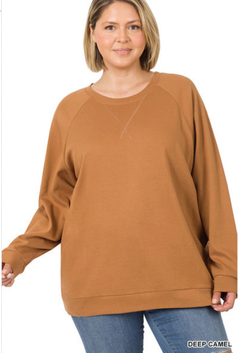 ZENANA  - PLUS SIZE RAGLAND SLEEVE PULLOVER - DEEP CAMEL