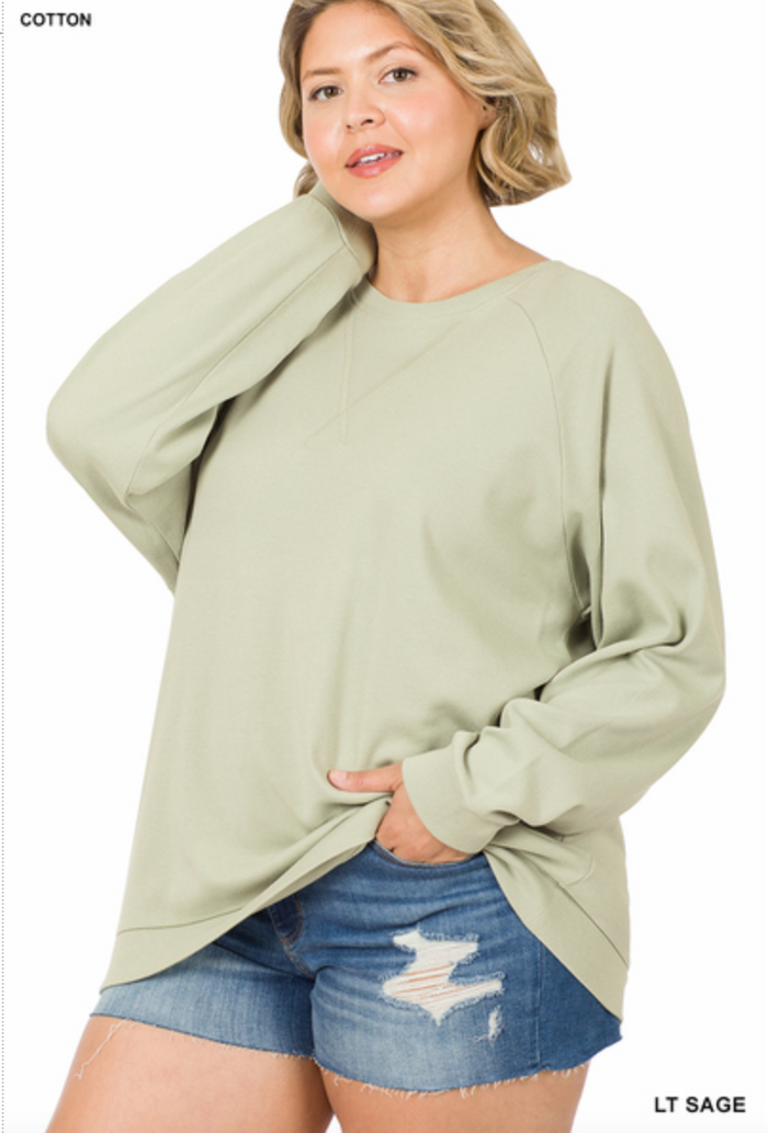 ZENANA  - PLUS SIZE RAGLAND SLEEVE PULLOVER - LIGHT SAGE