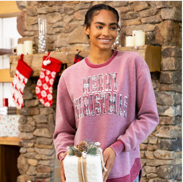 ROYCE: MERRY CHRISTMAS PLAID REVERSED OUT PONCHO FLEECE