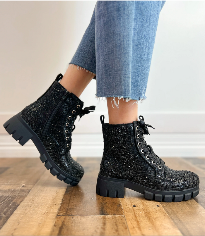 CORKYS MOOD BLACK RHINESTONE LACE-UP BOOTS (W/ZIPPER)