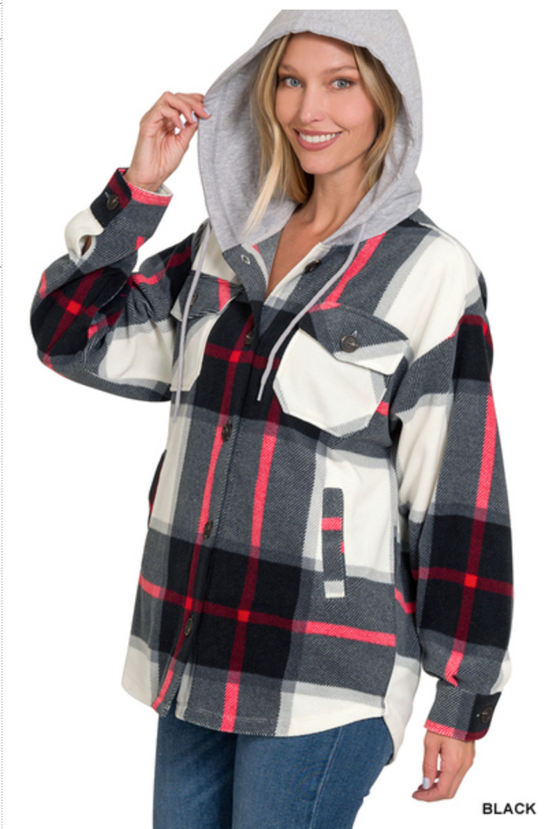 ZENANA  - PLAID DRAWSTRING HOODED FLEECE SHACKET (BLACK/WHITE/RED)