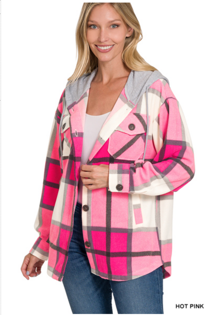 ZENANA  - PLAID DRAWSTRING HOODED FLEECE SHACKET (PINK)