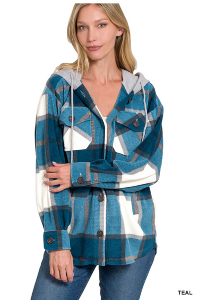 ZENANA  - PLAID DRAWSTRING HOODED FLEECE SHACKET (LT TEAL)