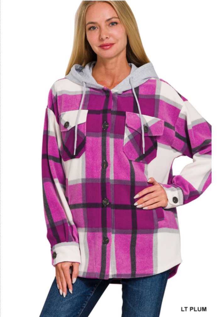 ZENANA  - PLAID DRAWSTRING HOODED FLEECE SHACKET (LT PLUM)