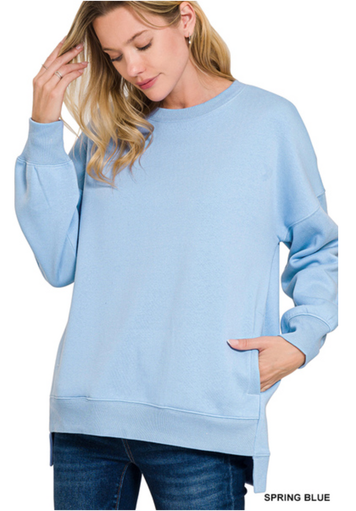 ZENANA FLEECE HI/LO SWEATSHIRT W/POCKETS (SPRING BLUE)
