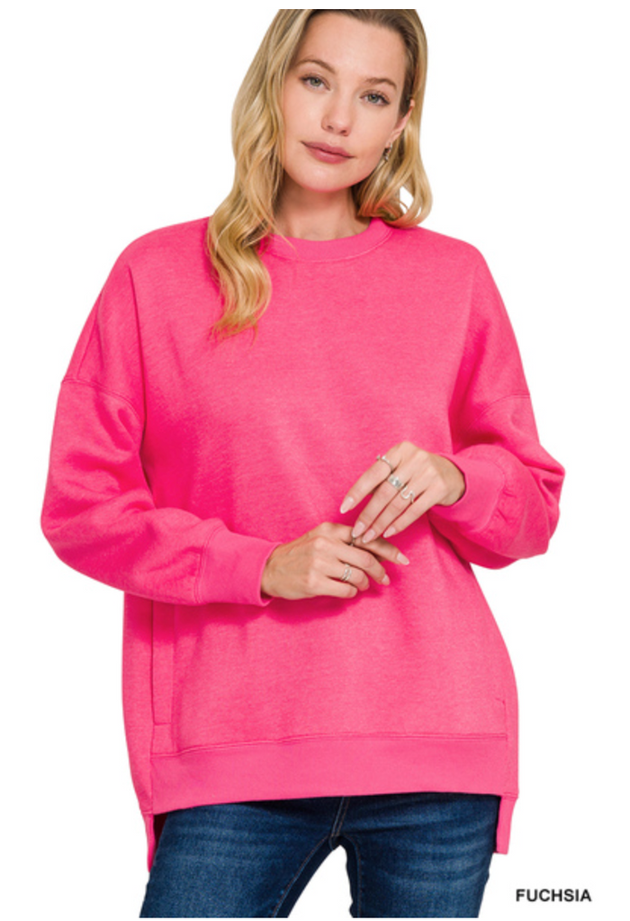 ZENANA FLEECE HI/LO SWEATSHIRT W/POCKETS (FUCHSIA)