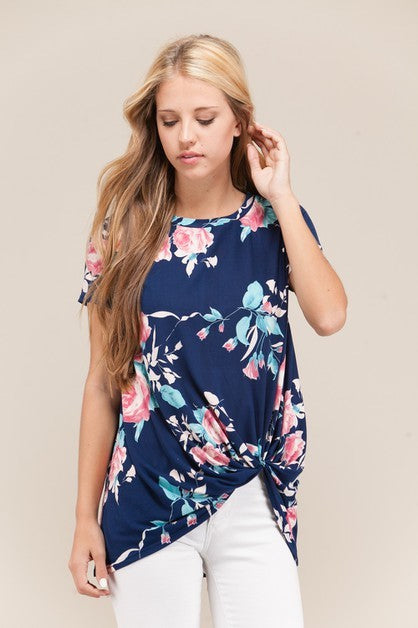 VIAMOR-ANNA TWIST KNOT FLORAL TOP - PLUS SIZES