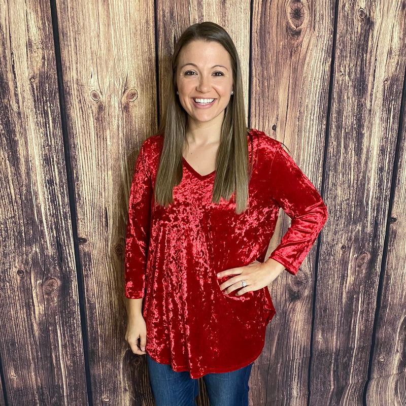 HONEYME RED CRUSHED VELVET V NECK TOP