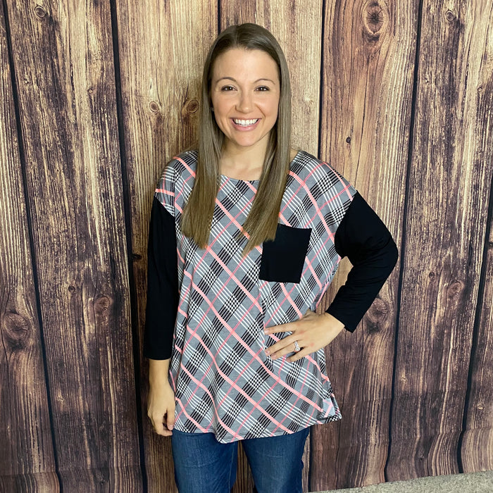 HONEYME BLACK/PINK/WHITE PLAID TOP W/SOLID BLACK SLEEVES AND POCKET