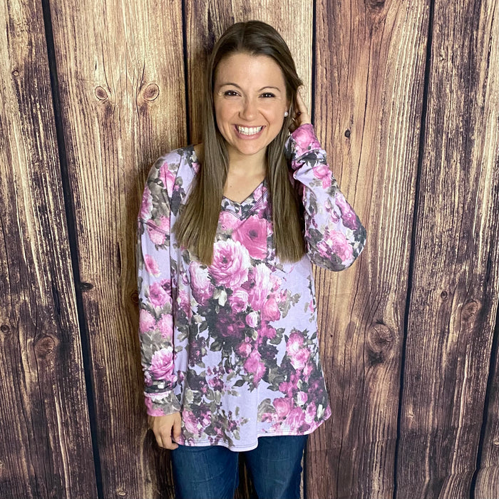 SEW IN LOVE LAVENDER FLORAL LS TOP W/POCKET ON FRONT