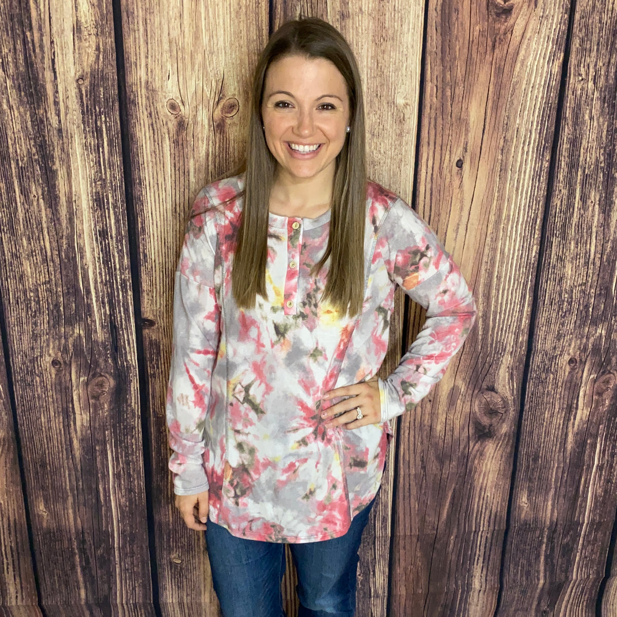 SEW IN LOVE GREY/PINK/YELLOW FLORAL LONG SLEEVE TOP W/FRONT BUTTONS