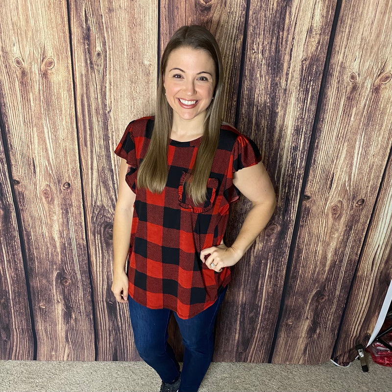 SEW IN LOVE RED/BLACK PLAID FLUTTER SLEEVE TOP