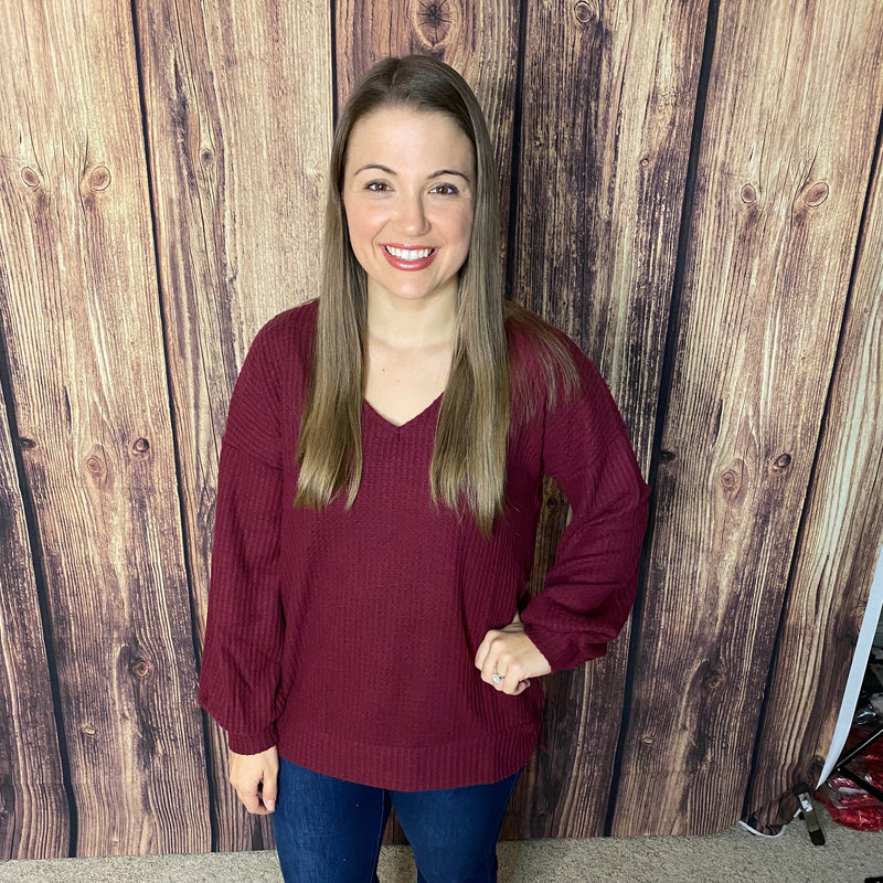 SEW IN LOVE SOFT V NECK BURGUNDY TOP W/LONG, BUBBLE SLEEVES