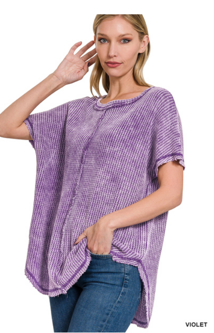 ZENANA WASHED WAFFLE BABY WAFFLE SHORT SLEEVE TOP - VIOLET